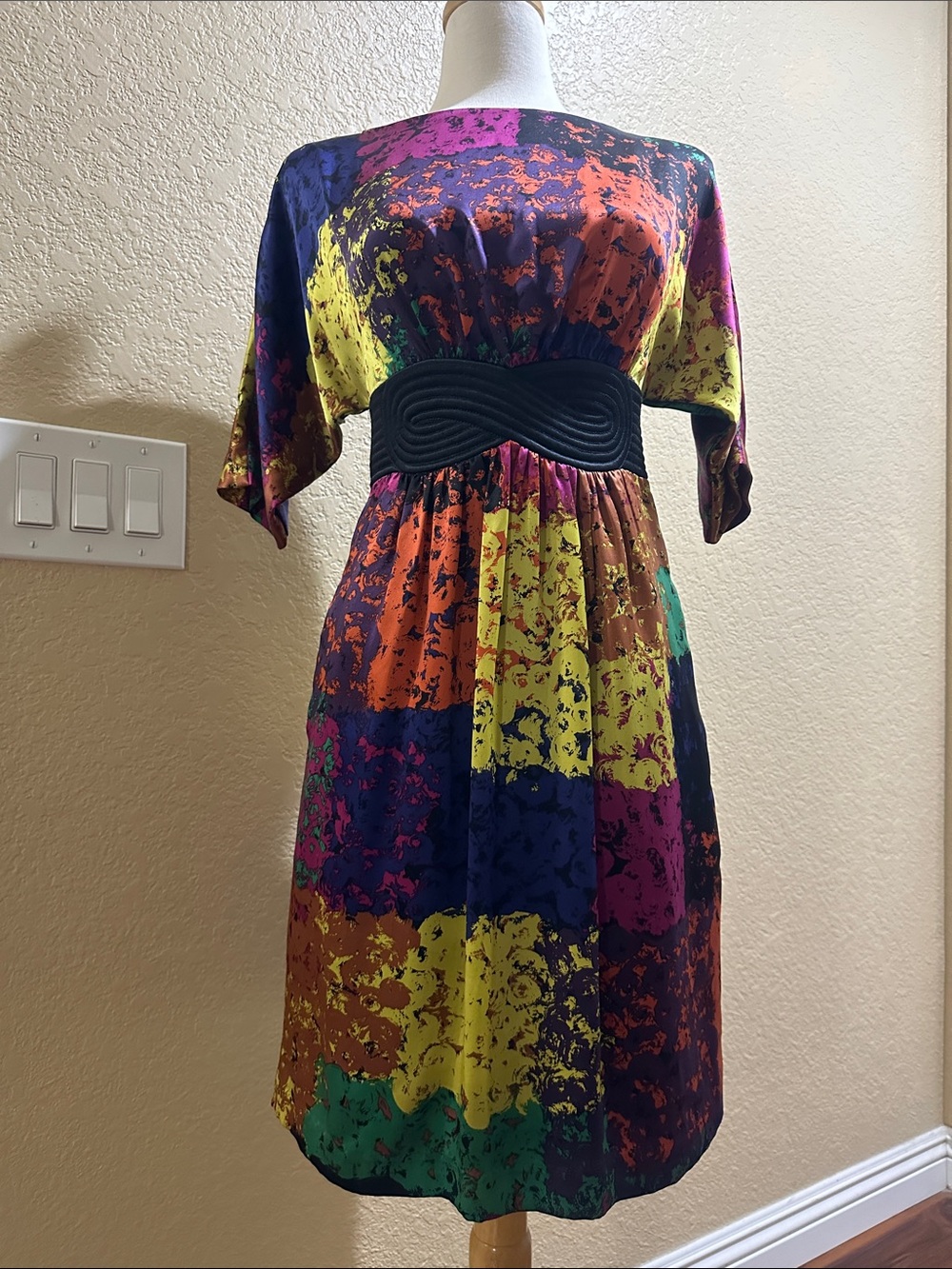 Trina Turk Multicolor Block-Print Midi Dress with Black Waistband size small